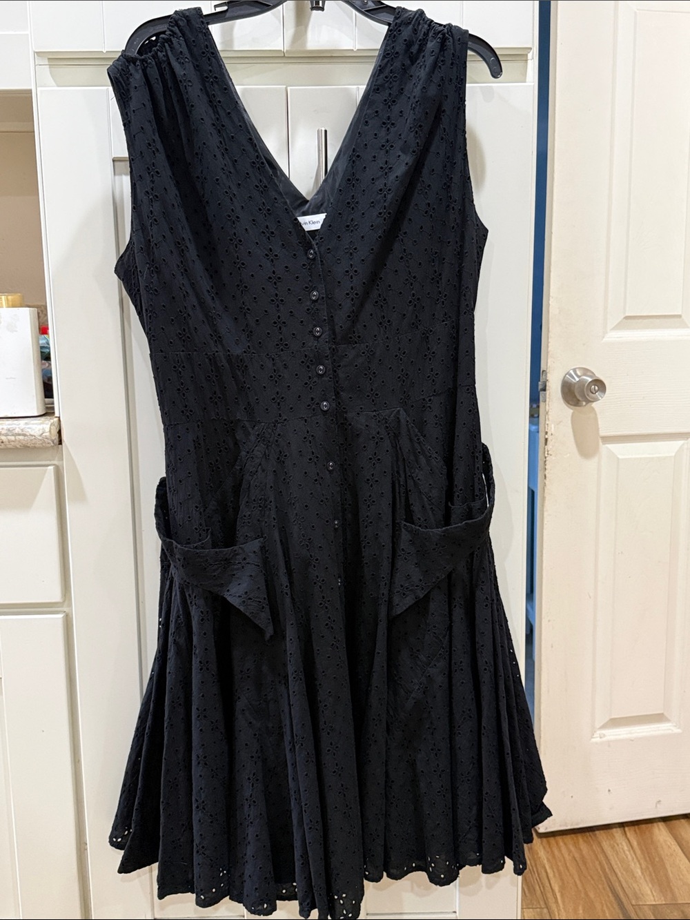 Black Calvin Klein 100% cotton Eyelet V-Neck Sleeveless Dress